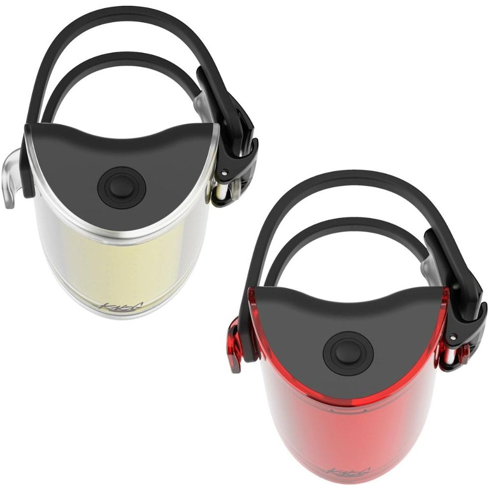 Zwei Fahrradlichter: ein weißes und ein rotes, mit schwarzen Gurten.