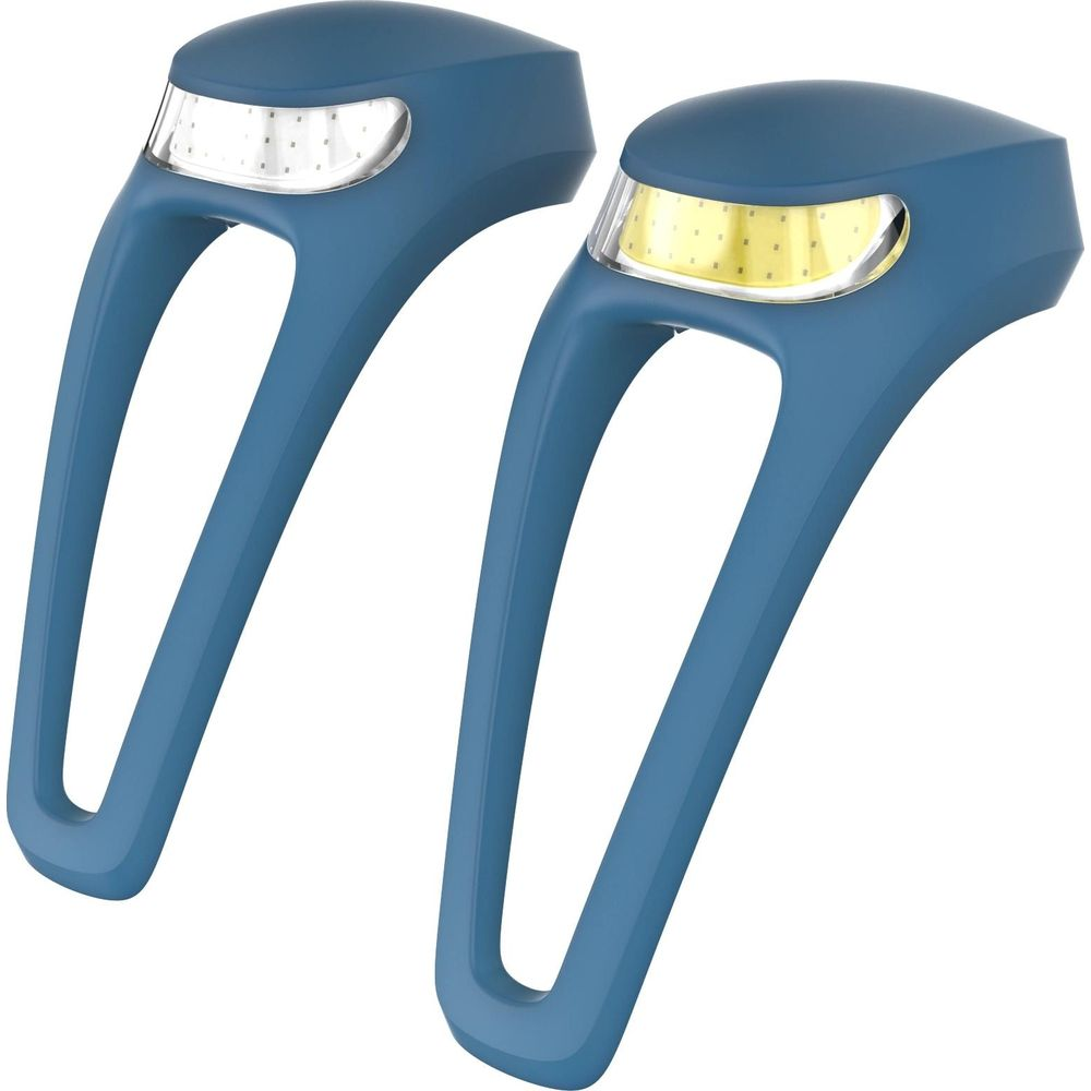 Zwei blaue Fahrradlichter mit weißen und gelben LEDs auf weißem Hintergrund.