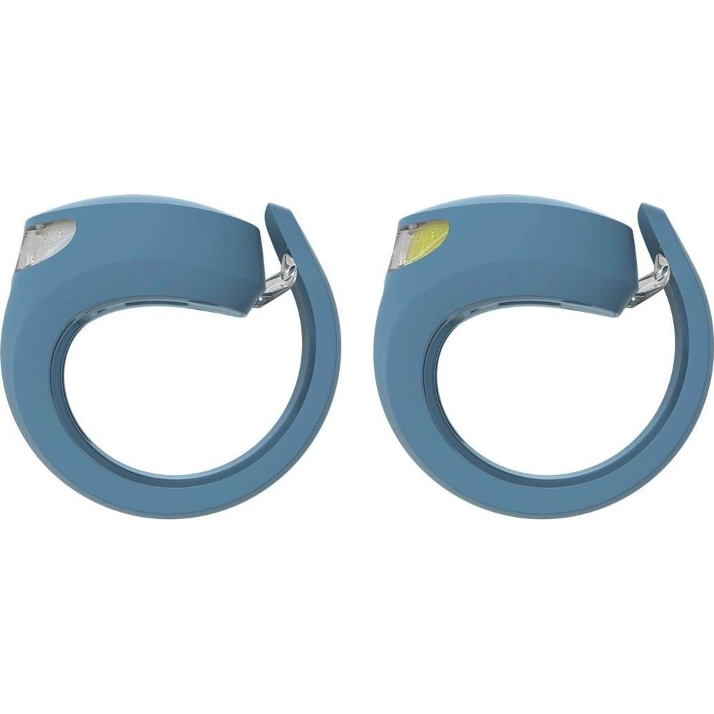Zwei blaue Clips mit Lichtern, die an einer Seite befestigt sind.