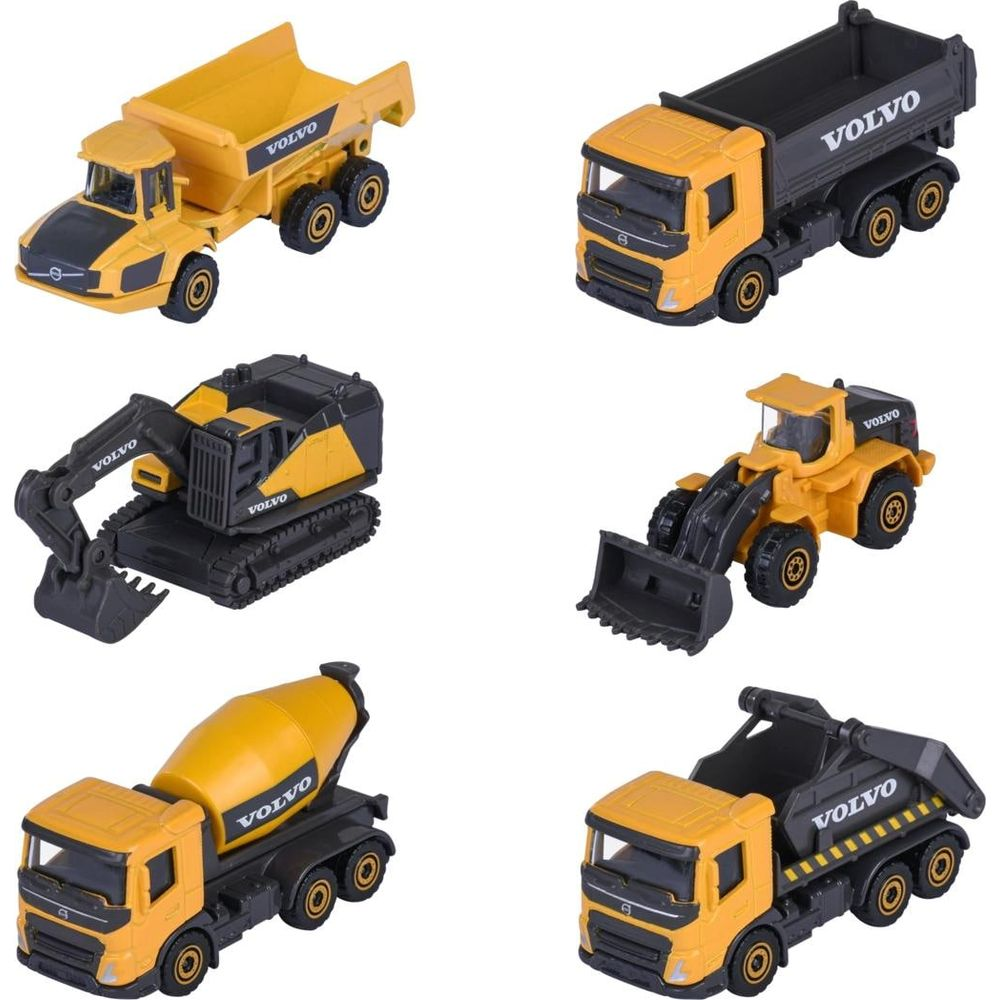 Sechs gelbe und schwarze Volvo-Baufahrzeugmodelle: Muldenkipper, Bagger, Lader, Betonmischer und Kipper.