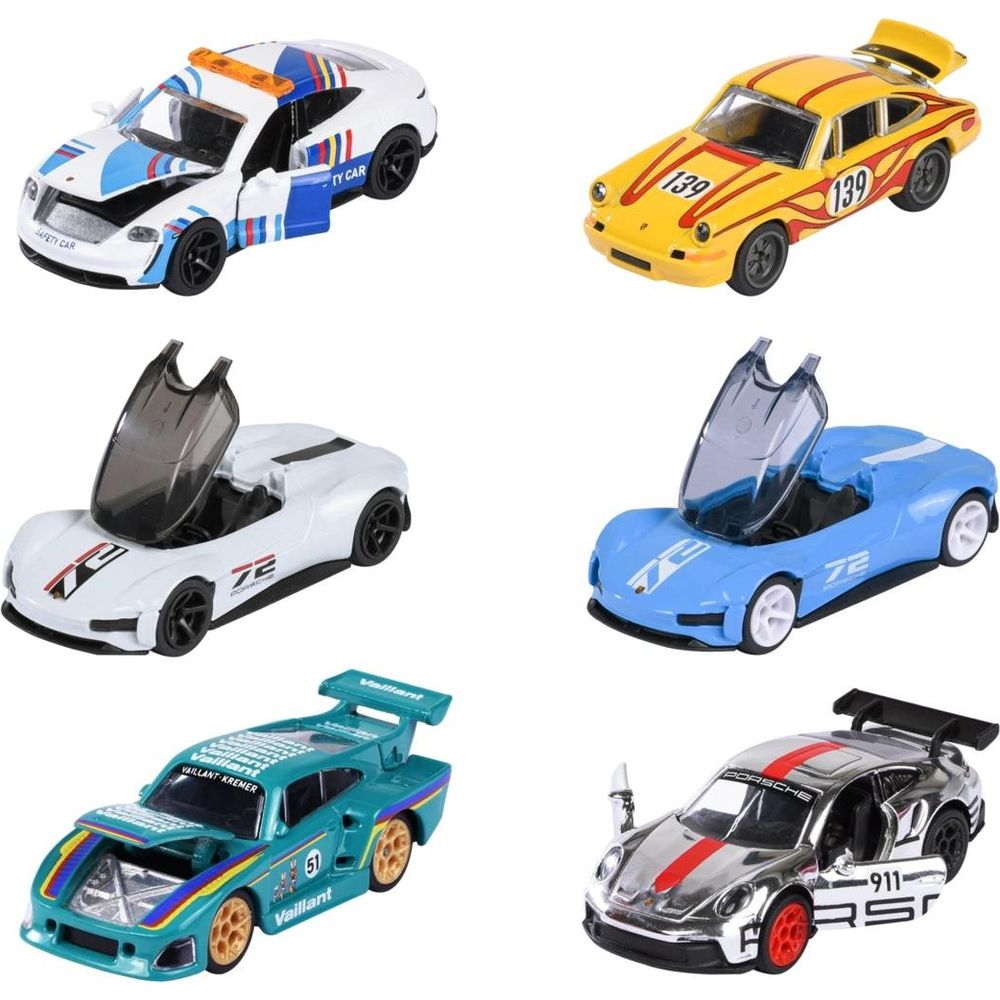 Sechs Spielzeugautos: ein weißer Safety Car, ein gelber Rennwagen, zwei Sportwagen mit offenen Türen, ein grüner und ein silberner.
