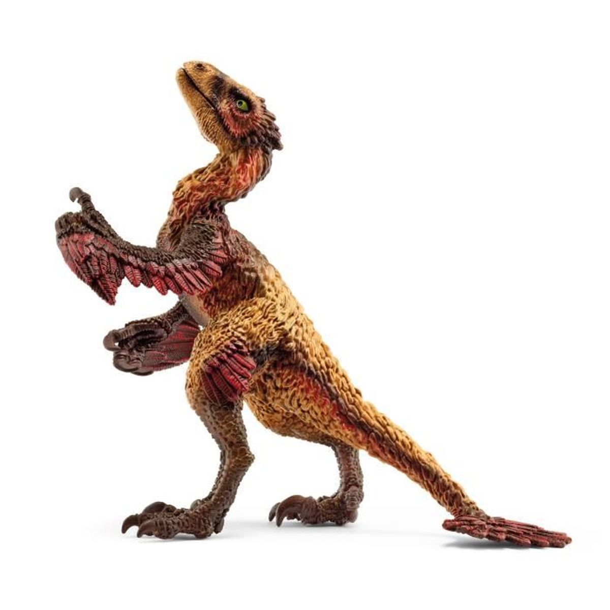 Un dinosauro marrone e rosso piumato con artigli affilati si erge su sfondo bianco.