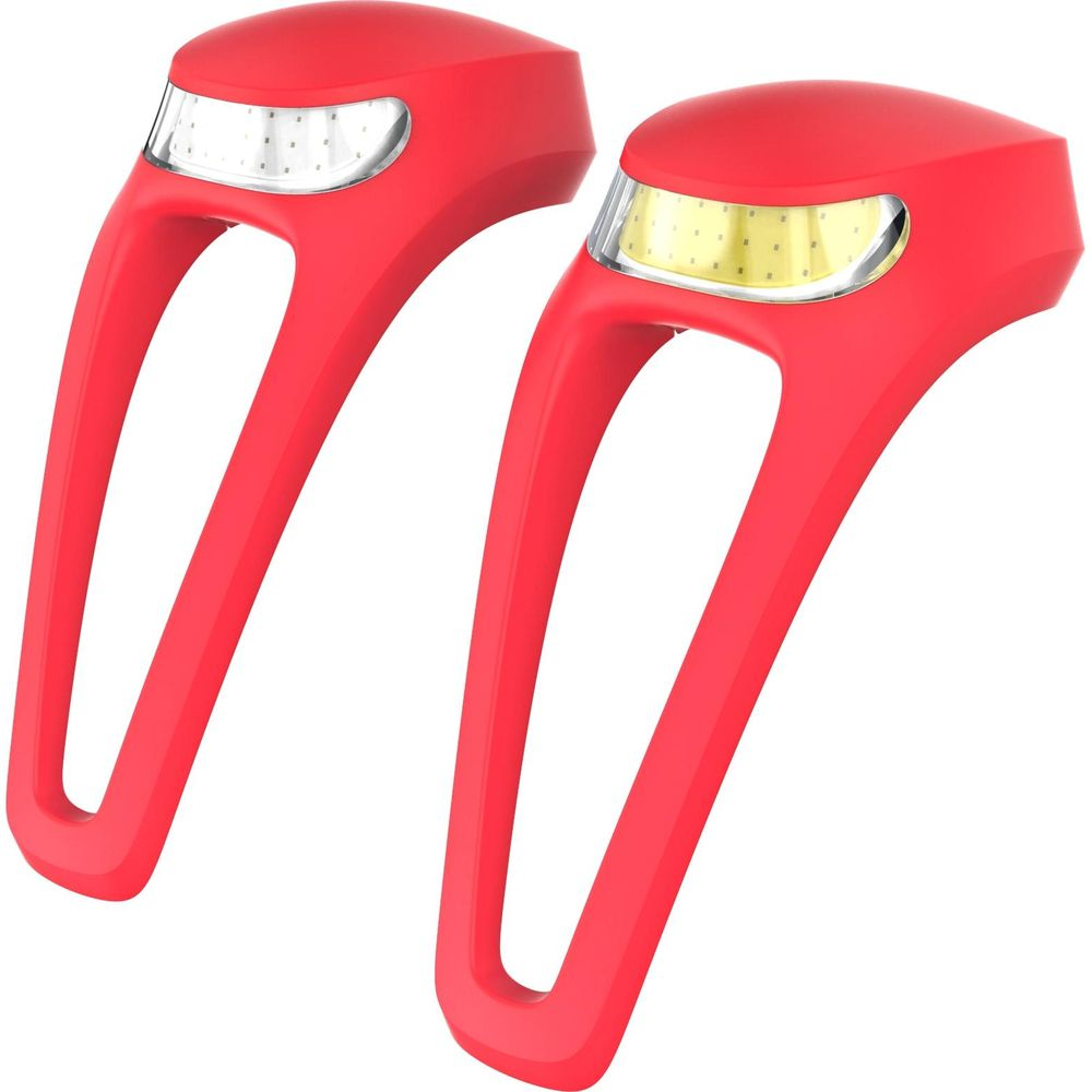 Zwei rote Fahrradlichter mit weißen LED-Lichtern.