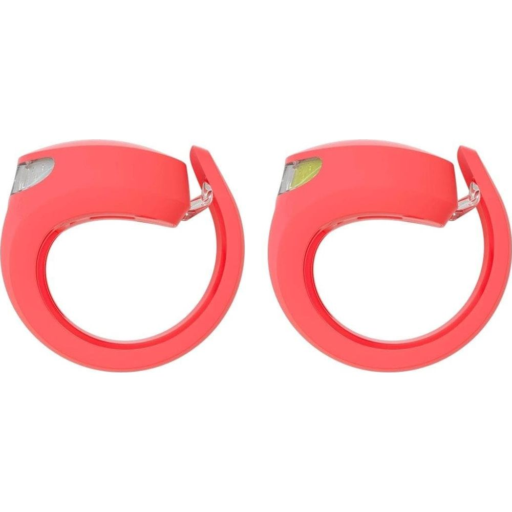 Zwei korallenrote Clip-On-Lichter mit weißen und gelben LEDs auf weißem Hintergrund.