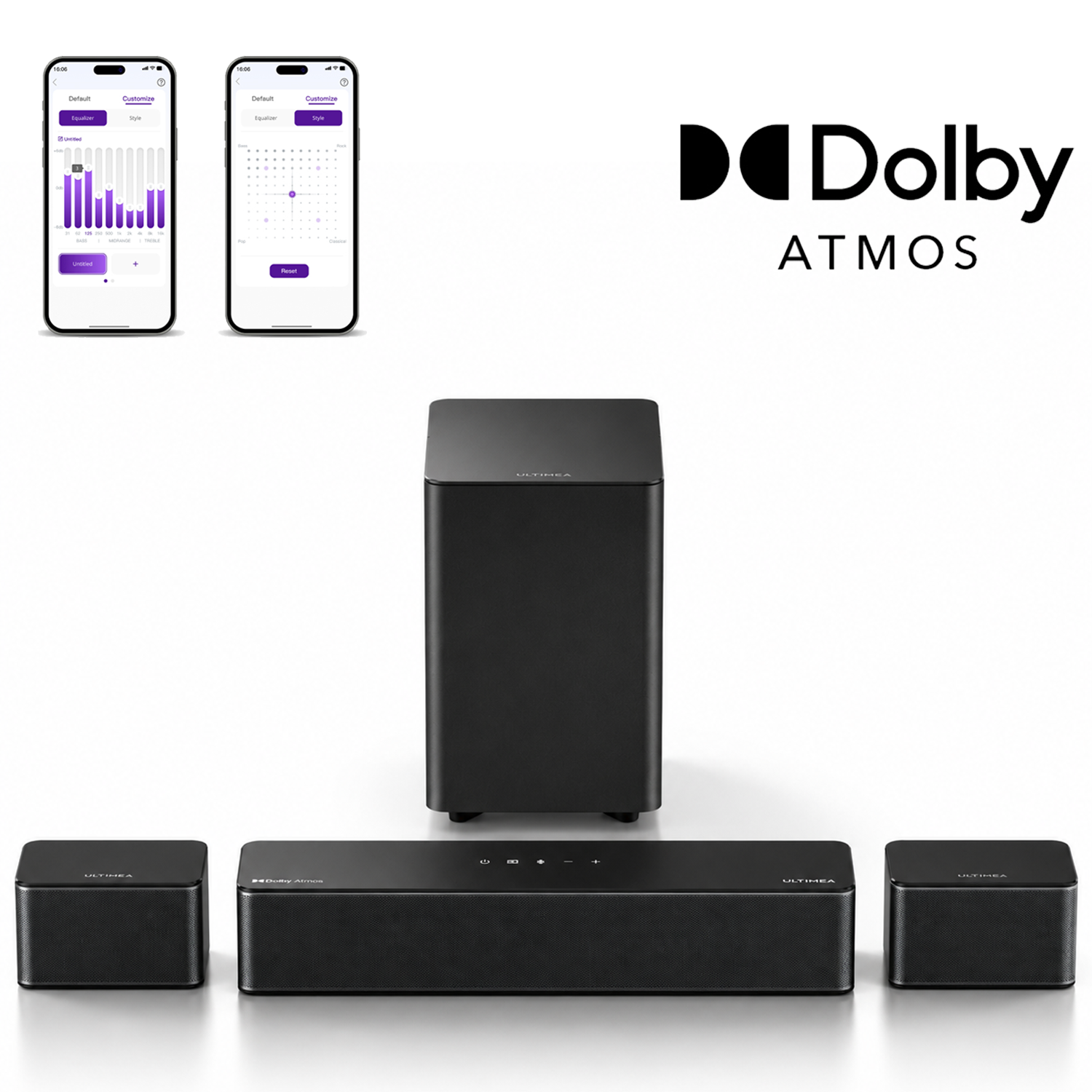 Sistema di altoparlanti Dolby Atmos con subwoofer e due altoparlanti satelliti.