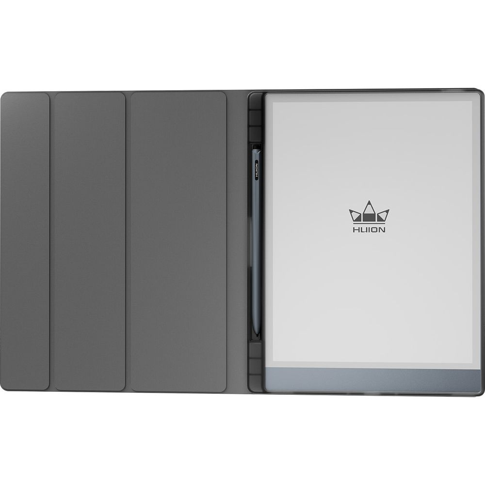 Grauer Stifthalter mit einem digitalen Stift und einem Tablet mit dem Huion-Logo.