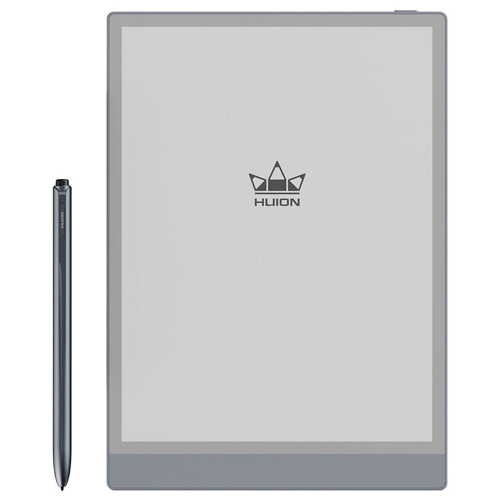 Ein graues Grafiktablett mit einem Stift daneben. Das Logo von Huion ist auf dem Bildschirm.