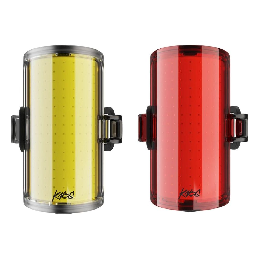 Zwei Fahrradlichter, eins gelb und eins rot, mit Halterungen.