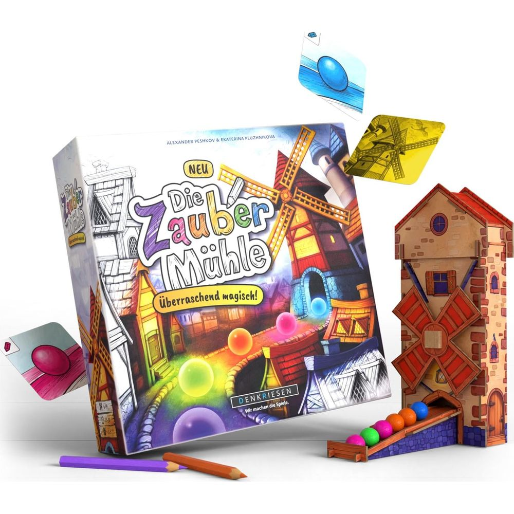 Brettspiel-Box mit Mühle, bunte Kugeln und Spielkarten auf weißem Hintergrund.