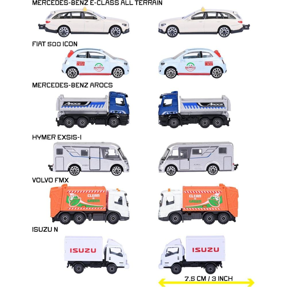 Zwei weiße Mercedes-Benz E-Klasse Kombis, zwei blaue Fiat 500, zwei blaue Mercedes-Benz Arocs-LKWs, zwei weiße Hymer Wohnmobile, zwei Müllwagen und zwei weiße Isuzu-LKWs.