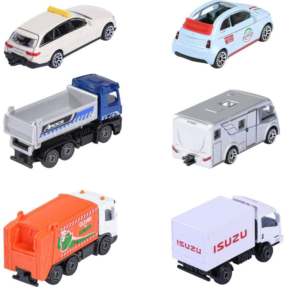 Sechs Spielzeugfahrzeuge: weißer Kombi, blauer Kipper, silberner Wohnmobil, blauer Fiat, Müllwagen, weißer LKW.