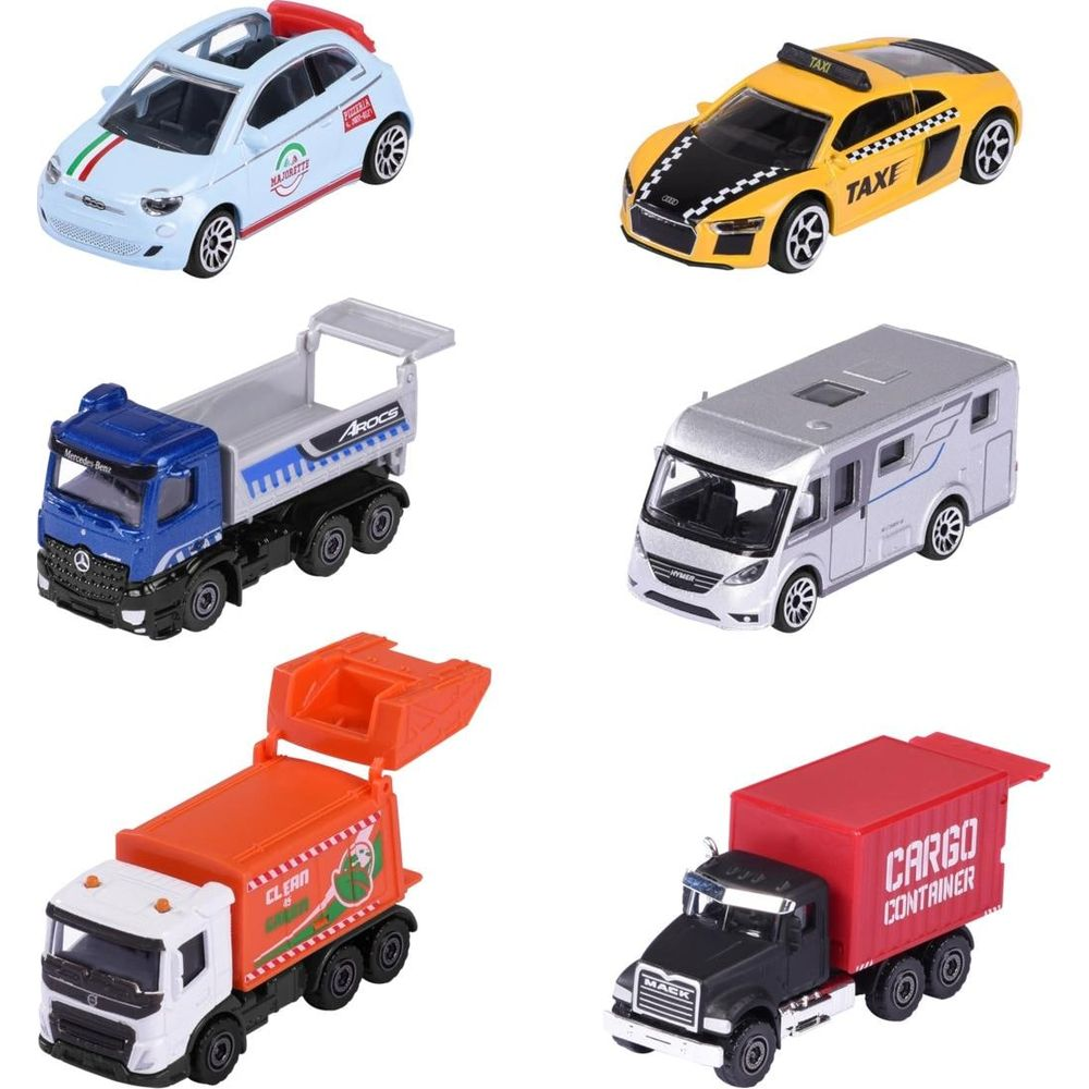 Sechs Spielzeugautos: hellblaues Auto, gelber Taxi, Kipper, Wohnmobil, Müllwagen, Frachtwagen.