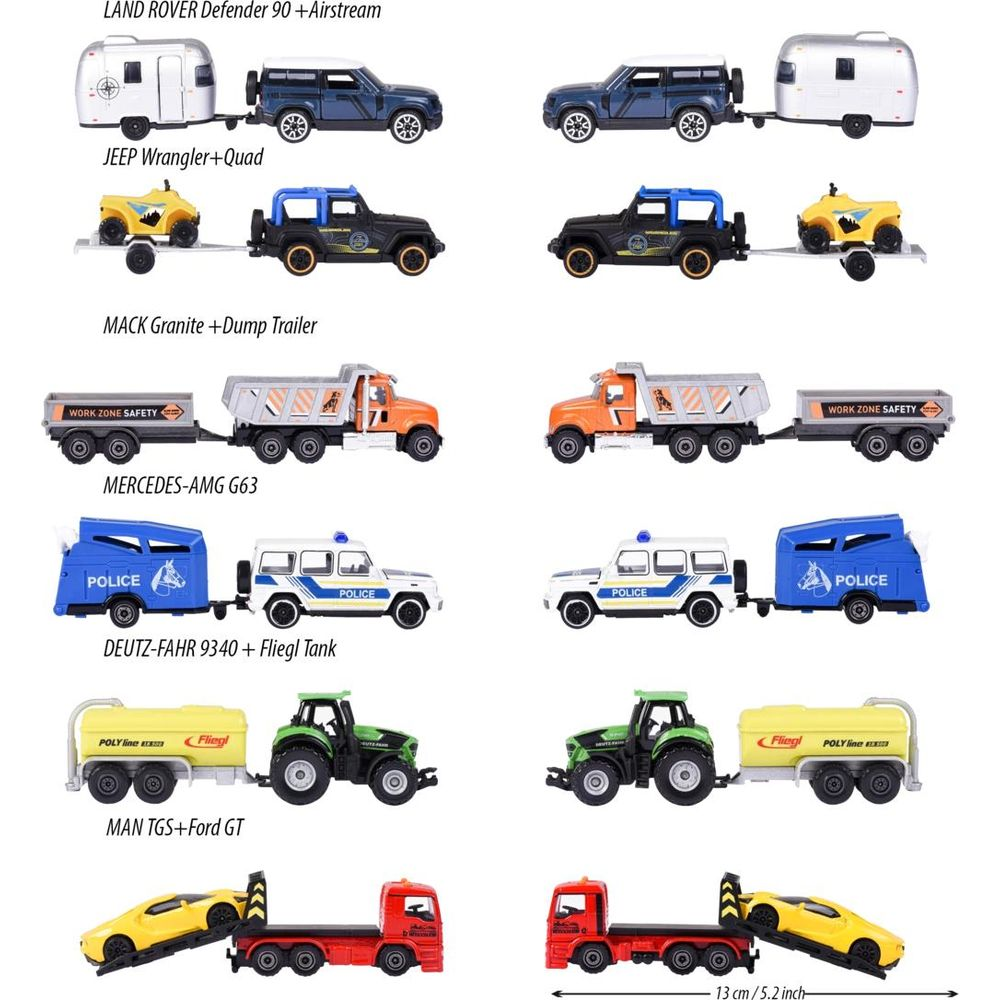 Spielzeugautos: Land Rover, Jeep, LKW, Polizei, Traktor und Tieflader.