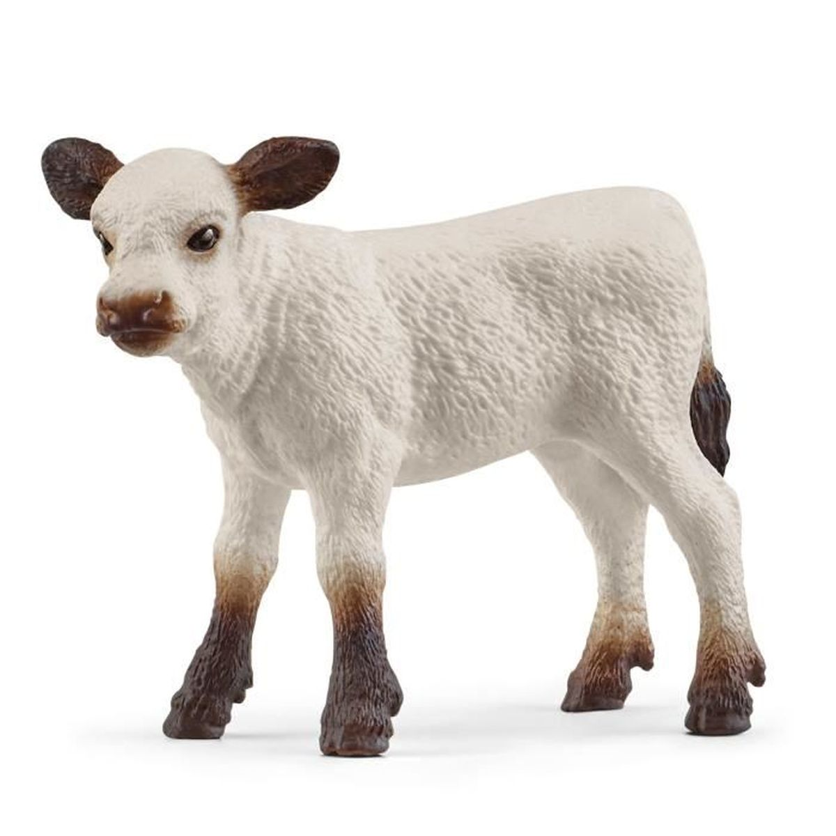 Ein weißes Kalb mit braunen Ohren und Beinen steht auf weißem Grund.