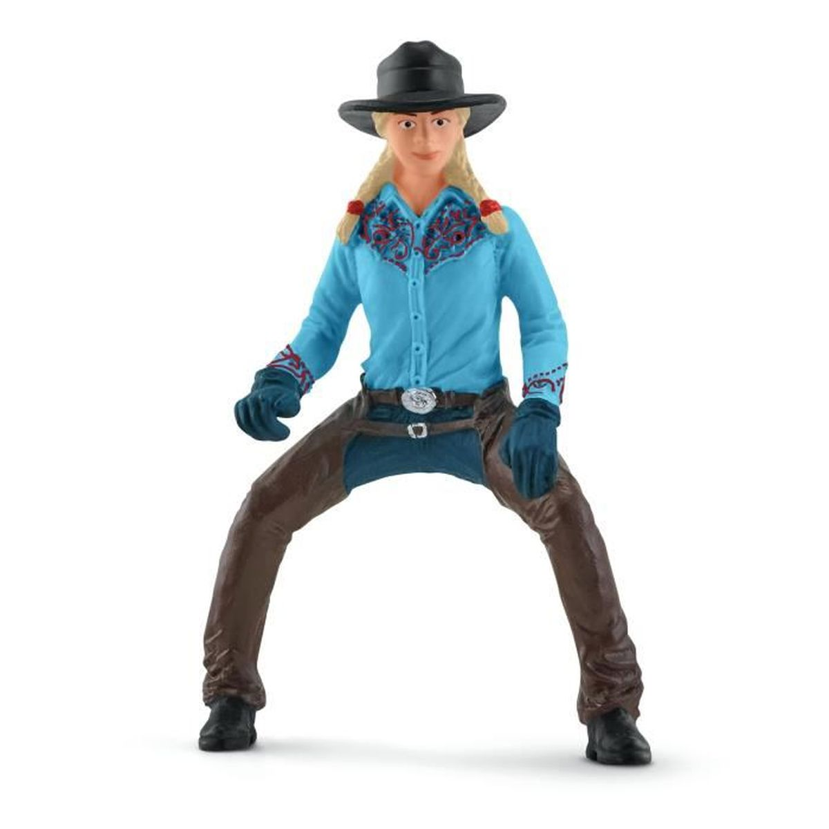 Eine Figur einer Frau mit Cowboyhut, blauem Hemd und brauner Hose.