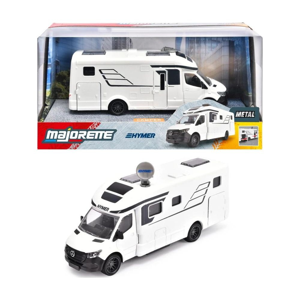 Ein weißer Spielzeug-Wohnmobil mit schwarzen Details, auf weißem Hintergrund.