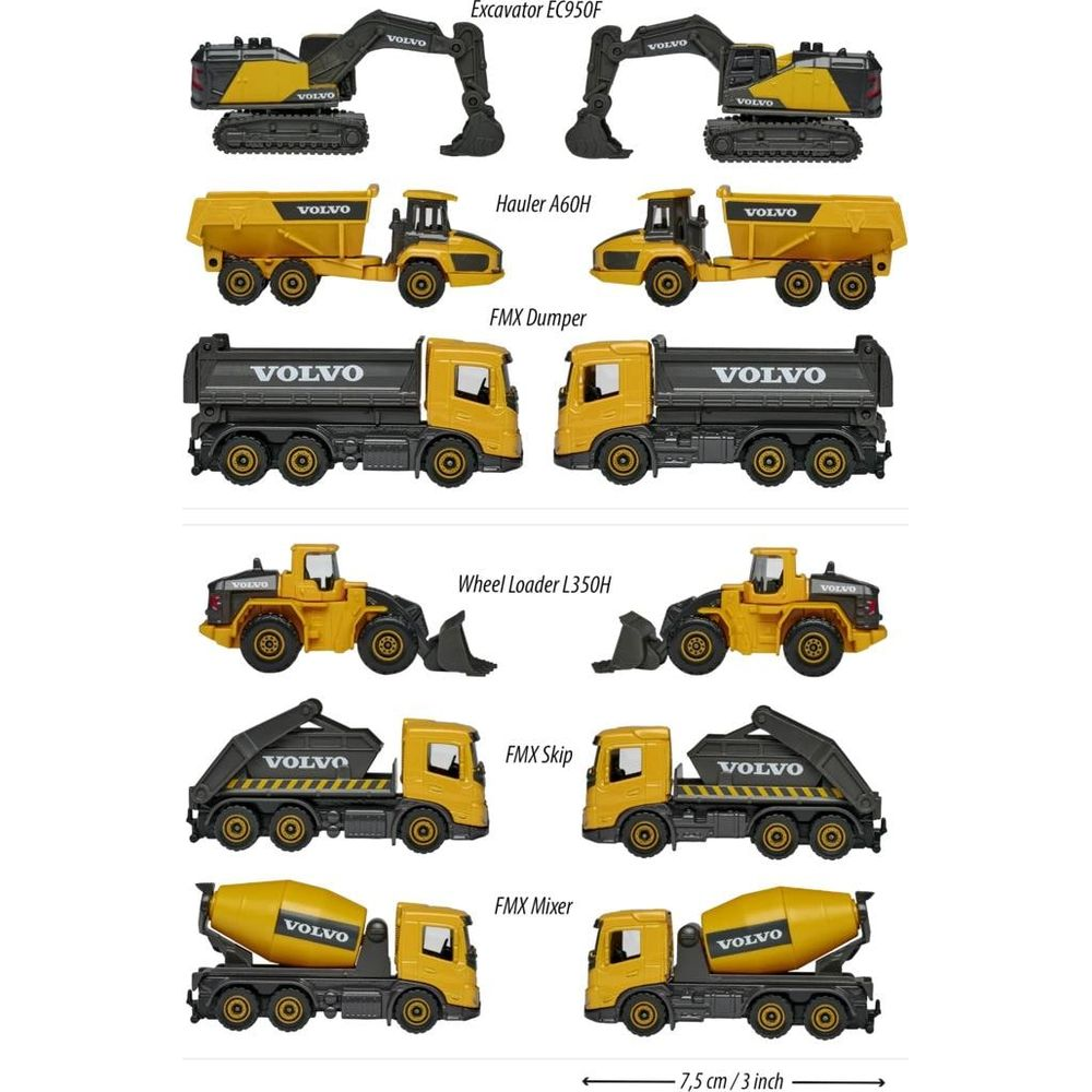 Mehrere gelbe und schwarze Volvo-Baufahrzeuge: Bagger, Muldenkipper, Radlader.