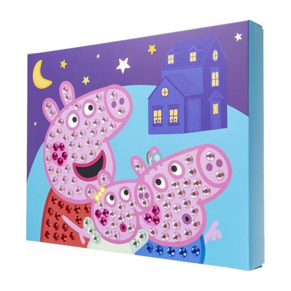 Peppa Wutz und Familie mit glitzernden Edelsteinen vor einem Haus im Abendlicht.