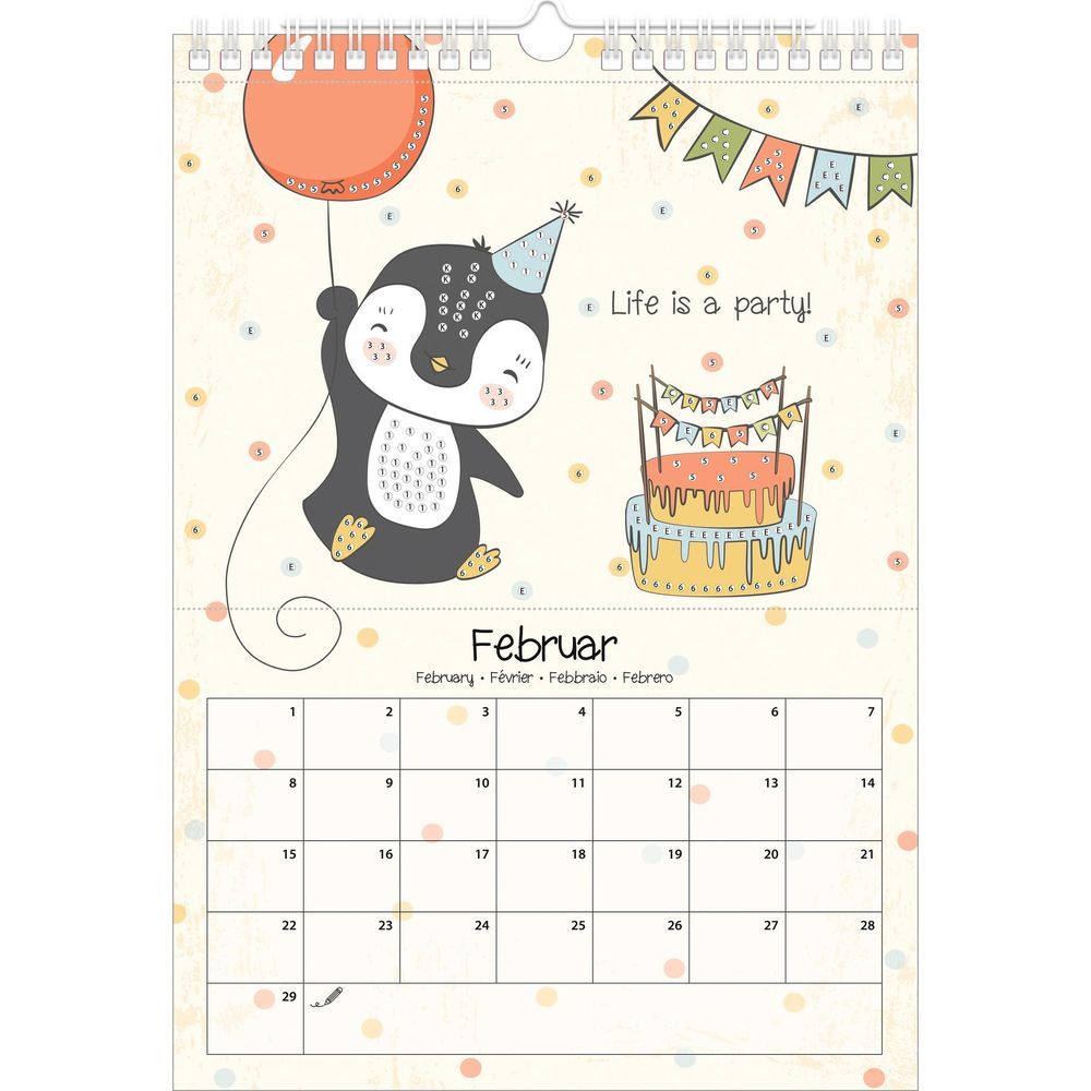 Ein Pinguin mit Hut und Ballon neben einer Torte, Kalender für Februar.