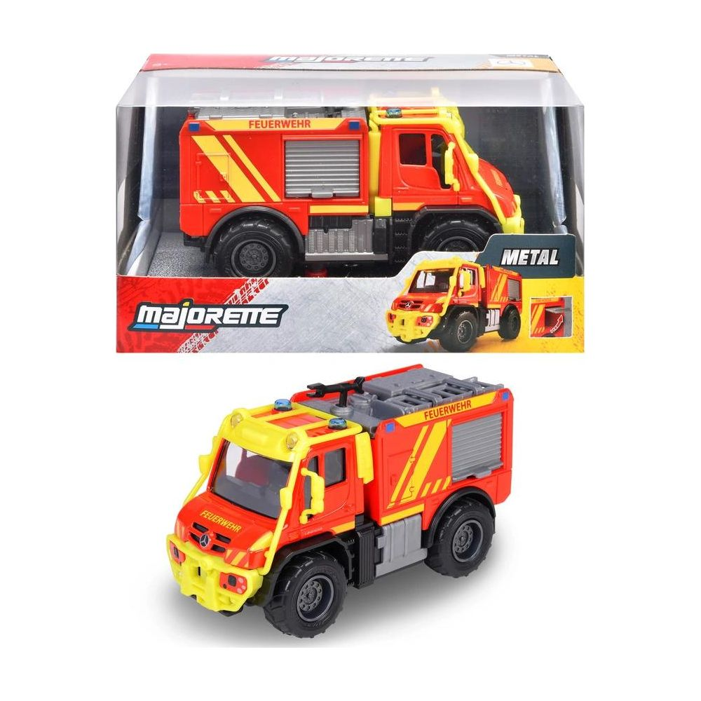 Ein rotes und gelbes Feuerwehrauto-Spielzeug mit "FEUERWEHR"-Aufschrift.