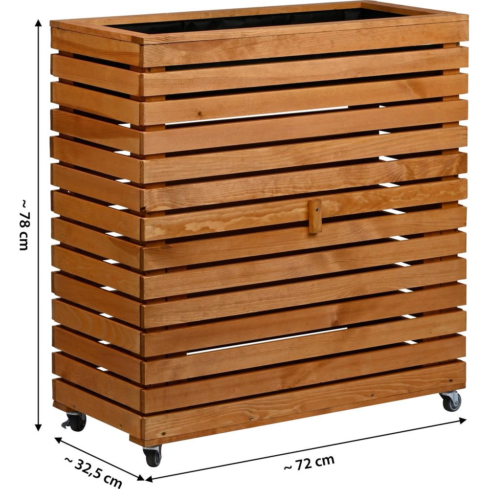 Braune Holzpflanzkiste auf Rädern, ca. 78x72x32,5 cm.
