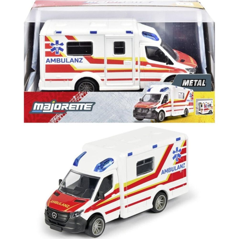 Ein weißer Majorette-Rettungswagen mit roten und gelben Streifen, Blaulicht.