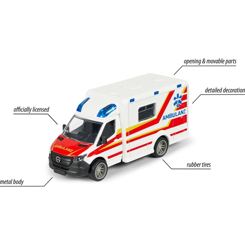 Ein weißer Krankenwagen mit roten und gelben Streifen, Blaulicht und der Aufschrift 'AMBULANZ'.