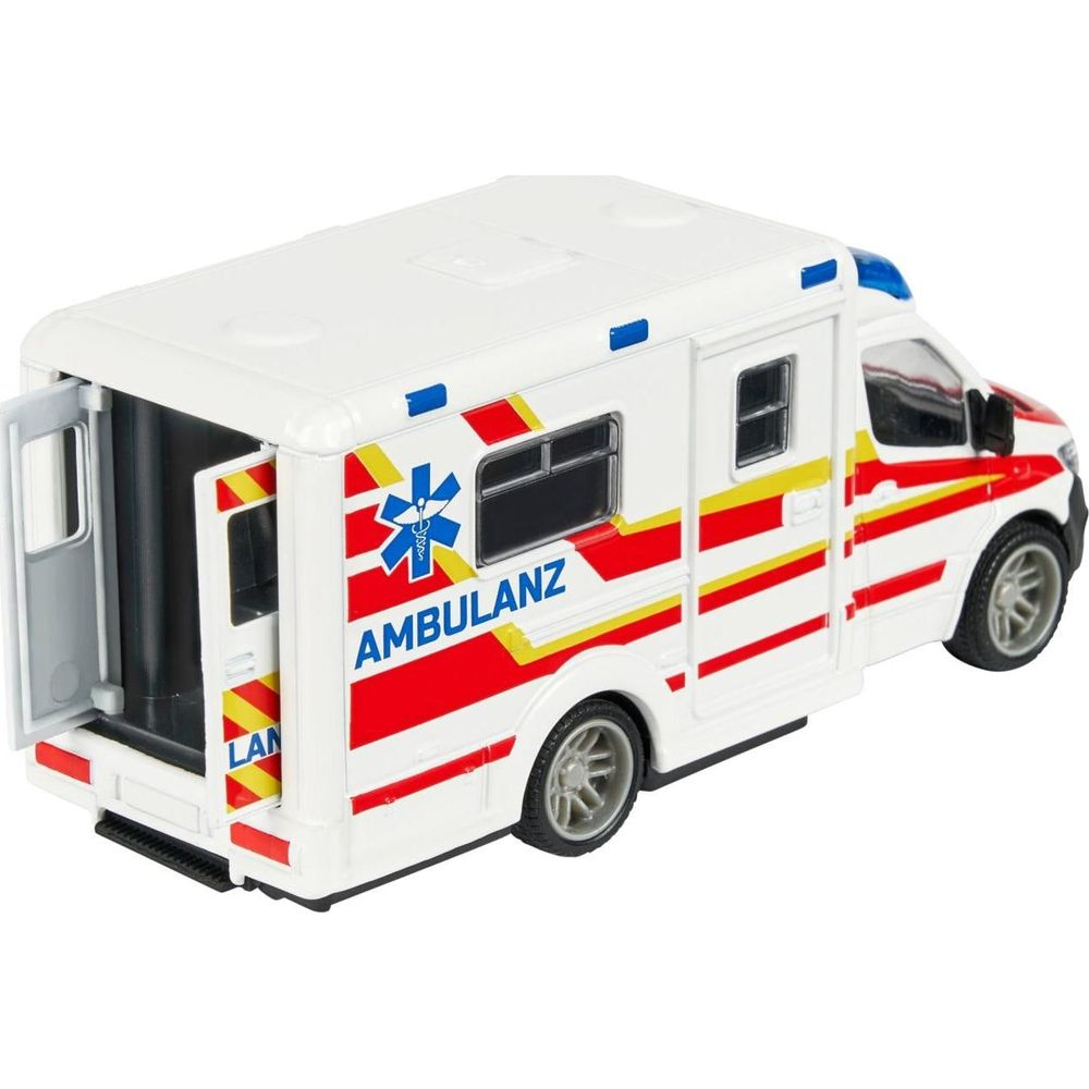 Ein weißer Spielzeug-Rettungswagen mit roten und gelben Streifen und blauen Lichtern.