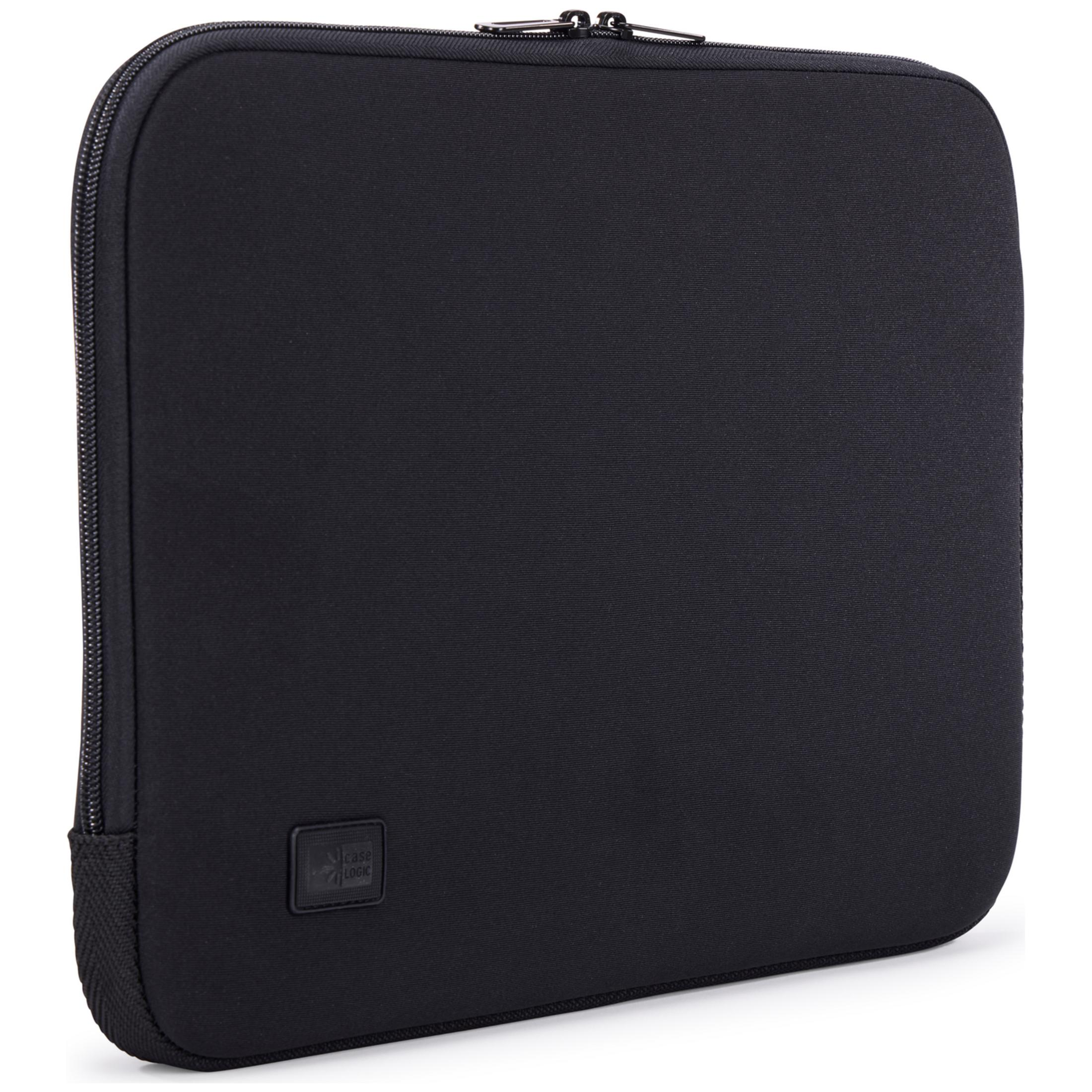 Custodia nera per laptop con cerniera e logo sul davanti.