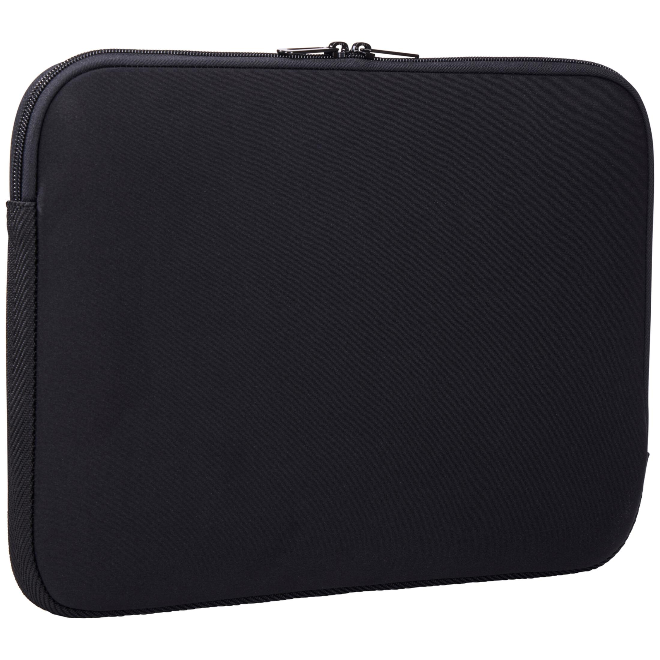 Custodia nera per laptop con cerniera e cuciture rinforzate.