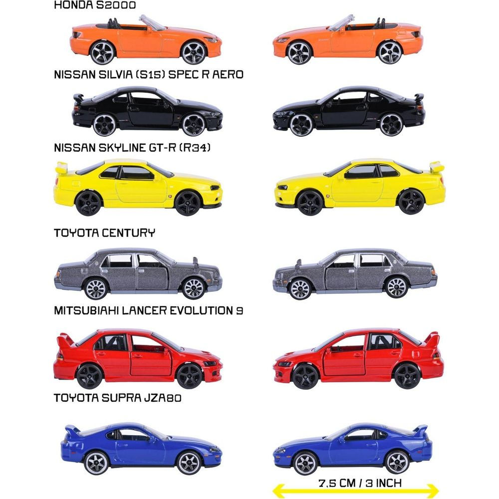 Mehrere Spielzeugautos: Honda S2000, Nissan, Toyota, Mitsubishi.