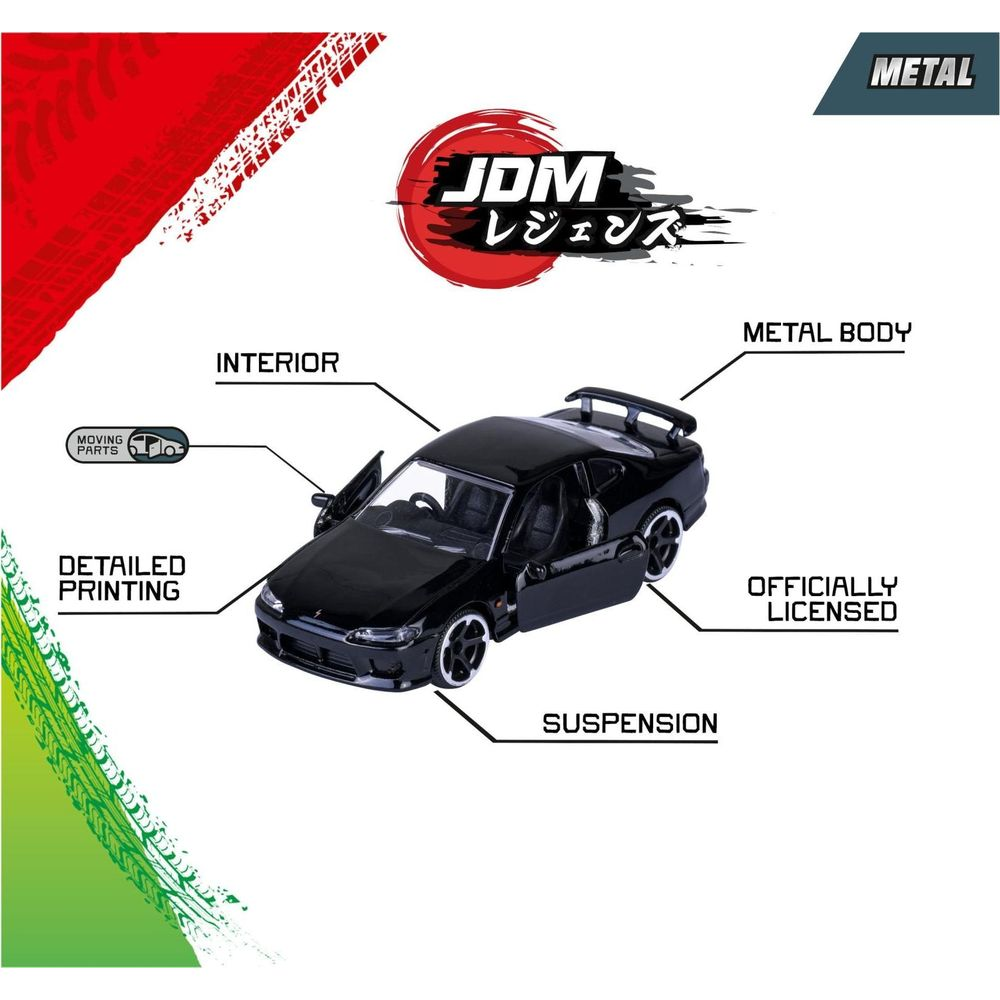 Schwarzer JDM-Spielzeugwagen mit offenen Türen, detailliertem Inneren, Metallkarosserie.