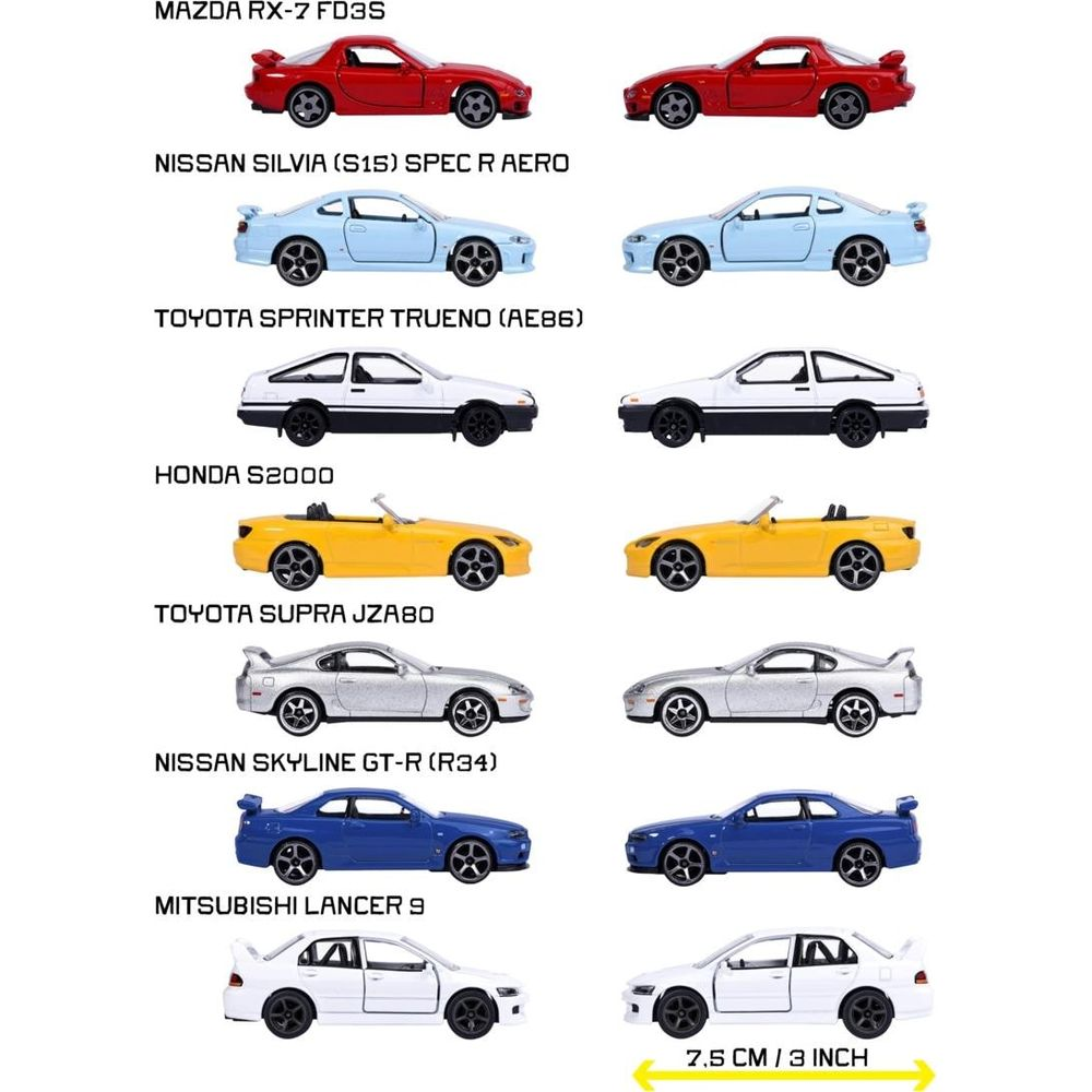 Zehn Modellautos von Mazda, Nissan, Toyota, Honda, Mitsubishi in verschiedenen Farben.