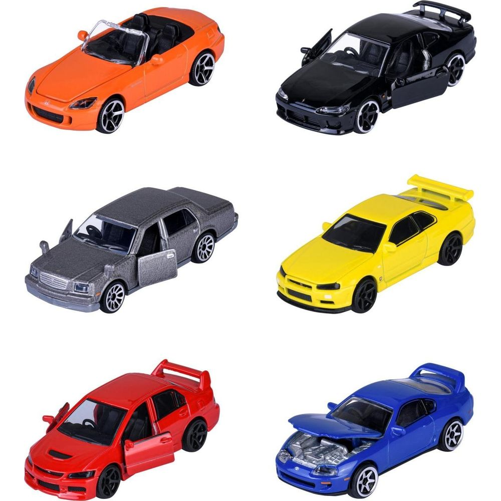 Sechs Spielzeugautos: orange, schwarz, grau, gelb, rot und blau.