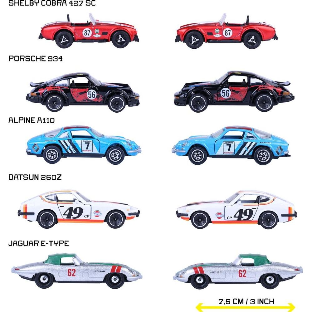 Vier Reihen Spielzeugautos: rote Kobras, schwarz/rote Porsches, blaue Alpines, weiße Datsuns, silberne Jaguars.