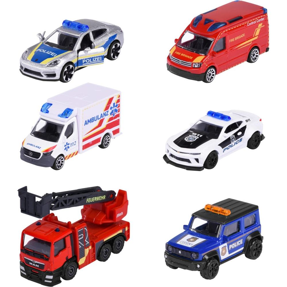 Sechs Spielzeug-Einsatzfahrzeuge: Polizei, Krankenwagen, Feuerwehr und mehr.