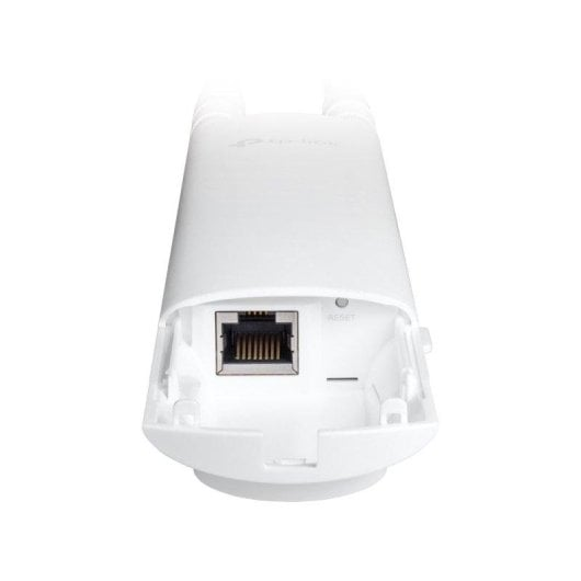 Weiße Outdoor-WLAN-Einheit mit Ethernet-Anschluss und Reset-Taste.