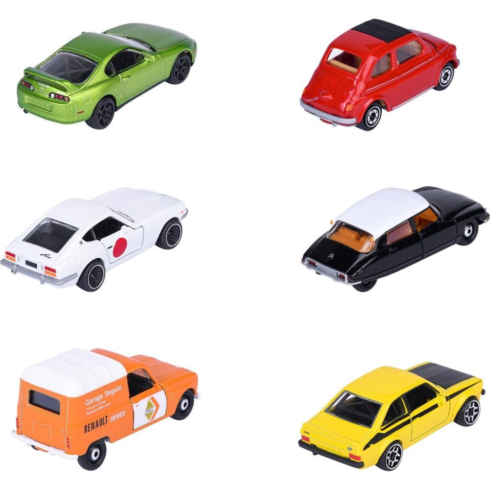Sechs Spielzeugautos: grün, rot, weiß, schwarz, orange und gelb.