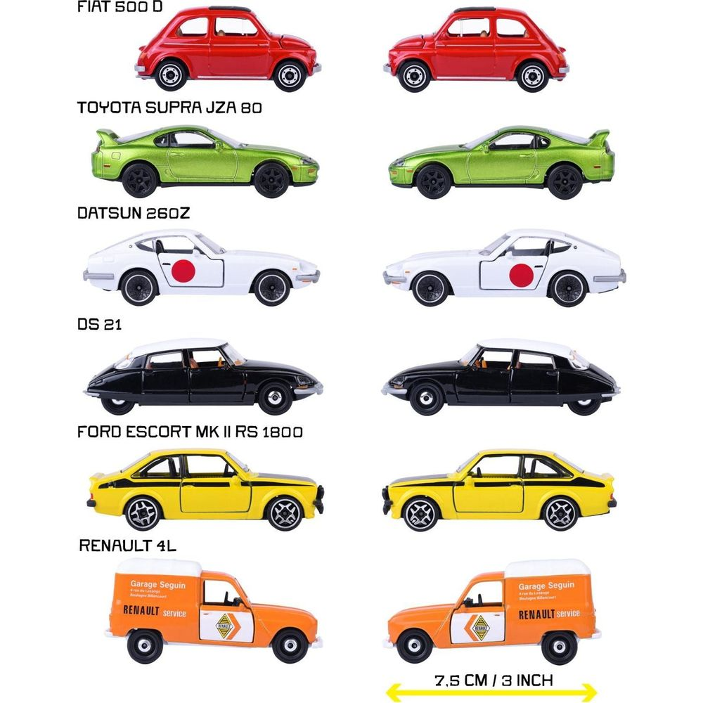 Zwei Reihen von Spielzeugautos: rote Fiat 500, grüne Toyota Supra, weiße Datsun, schwarze DS21, gelbe Ford Escort, orange Lieferwagen.
