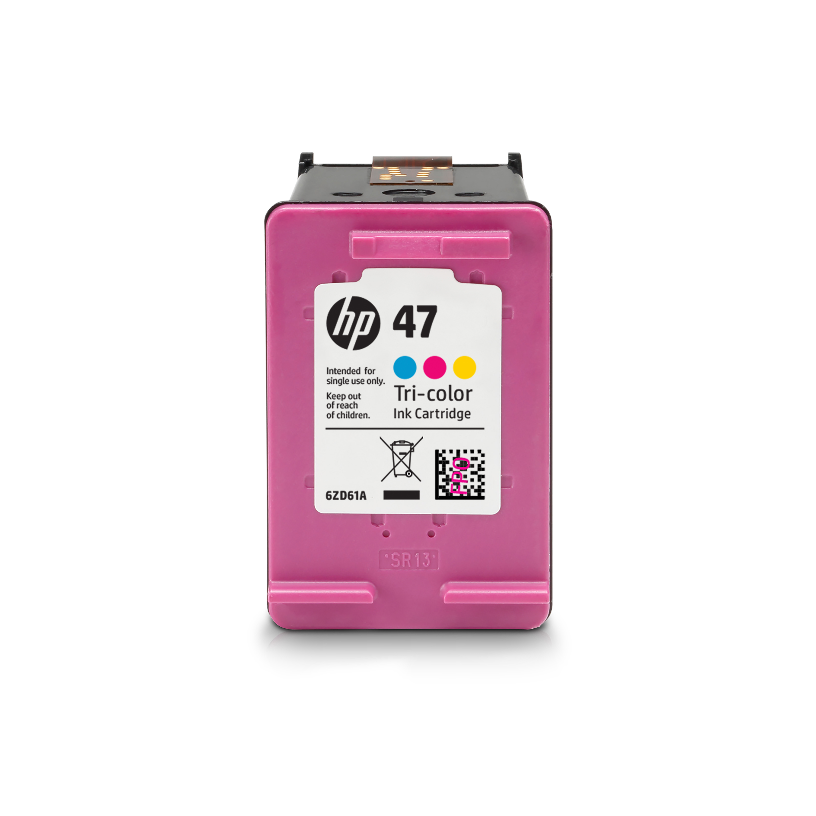 Una cartuccia d'inchiostro HP 47 Tricolore rosa con stampa nera.
