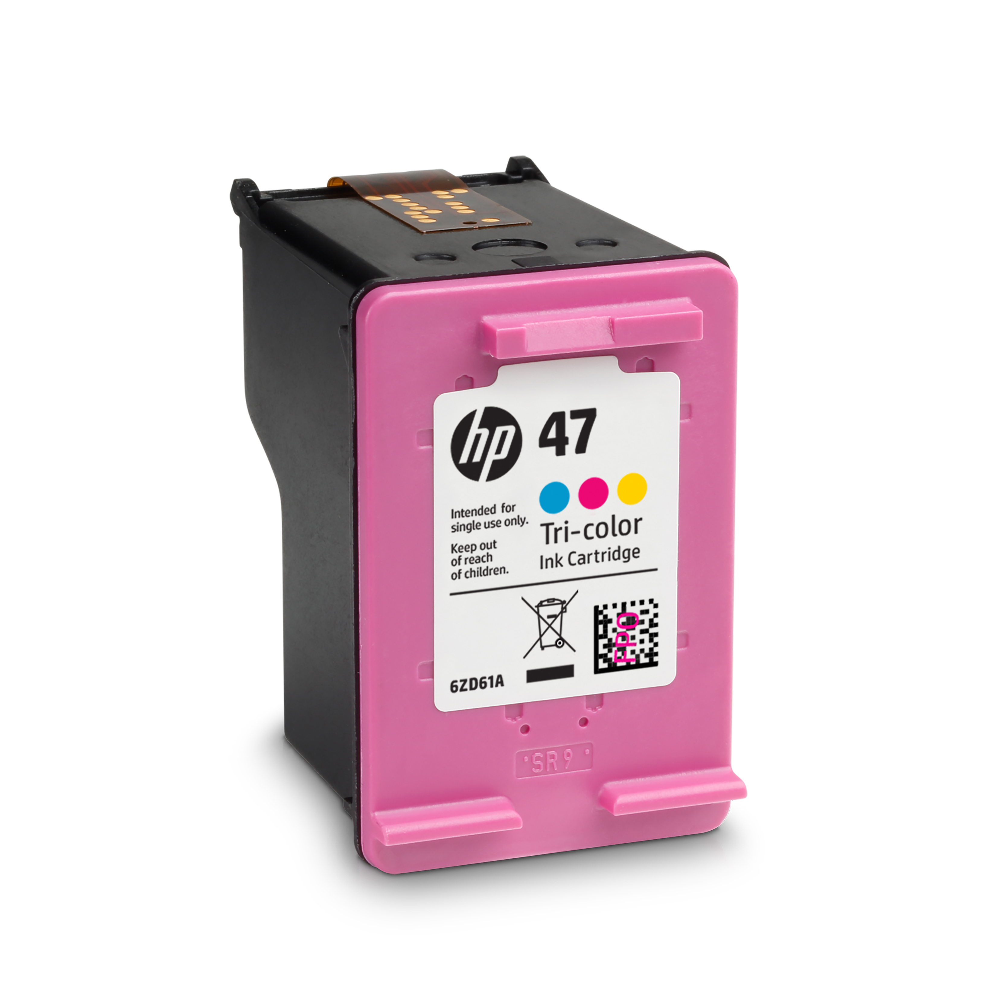 Una cartuccia d'inchiostro HP 47 Tricolore nera e rosa.