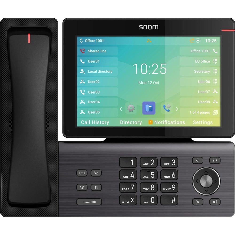 Ein schwarzes Tischtelefon mit einem großen Touchscreen-Display und einer Tastatur.