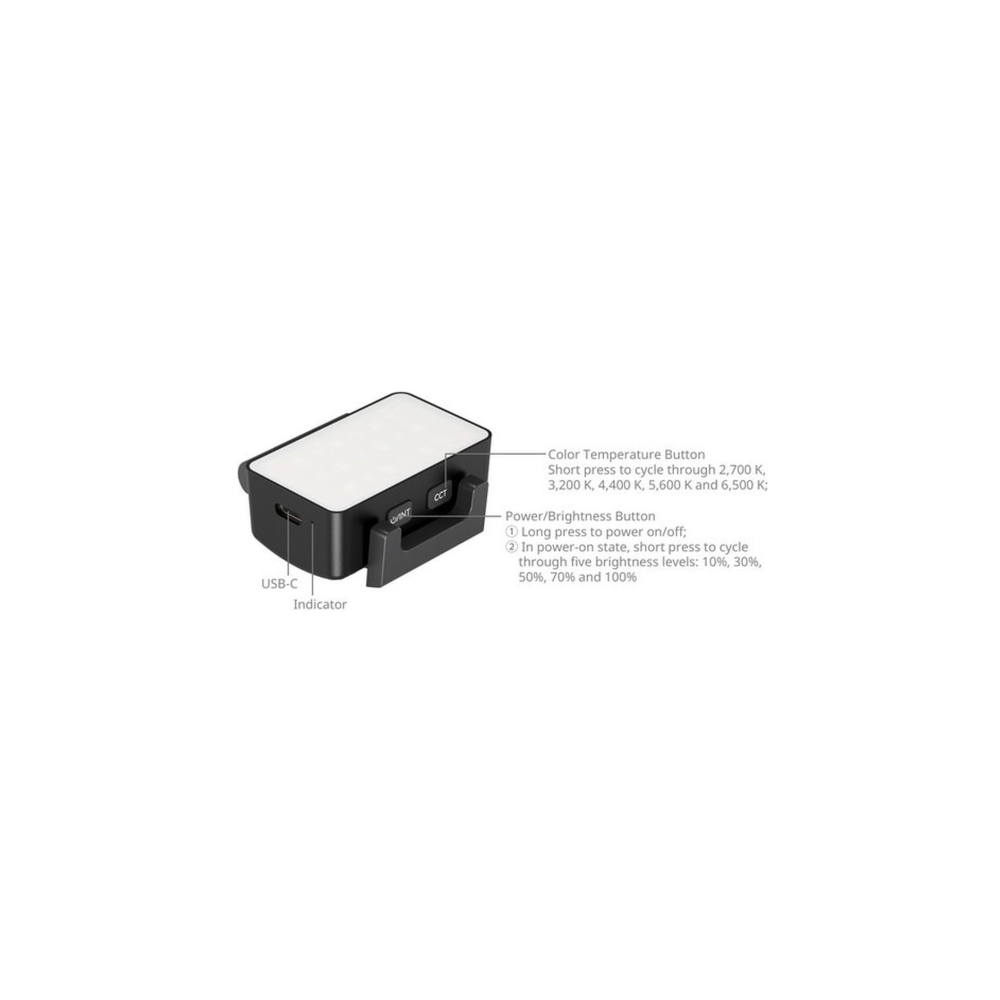 Ein tragbares Licht mit USB-C und Bedienelementen für Helligkeit und Farbtemperatur.