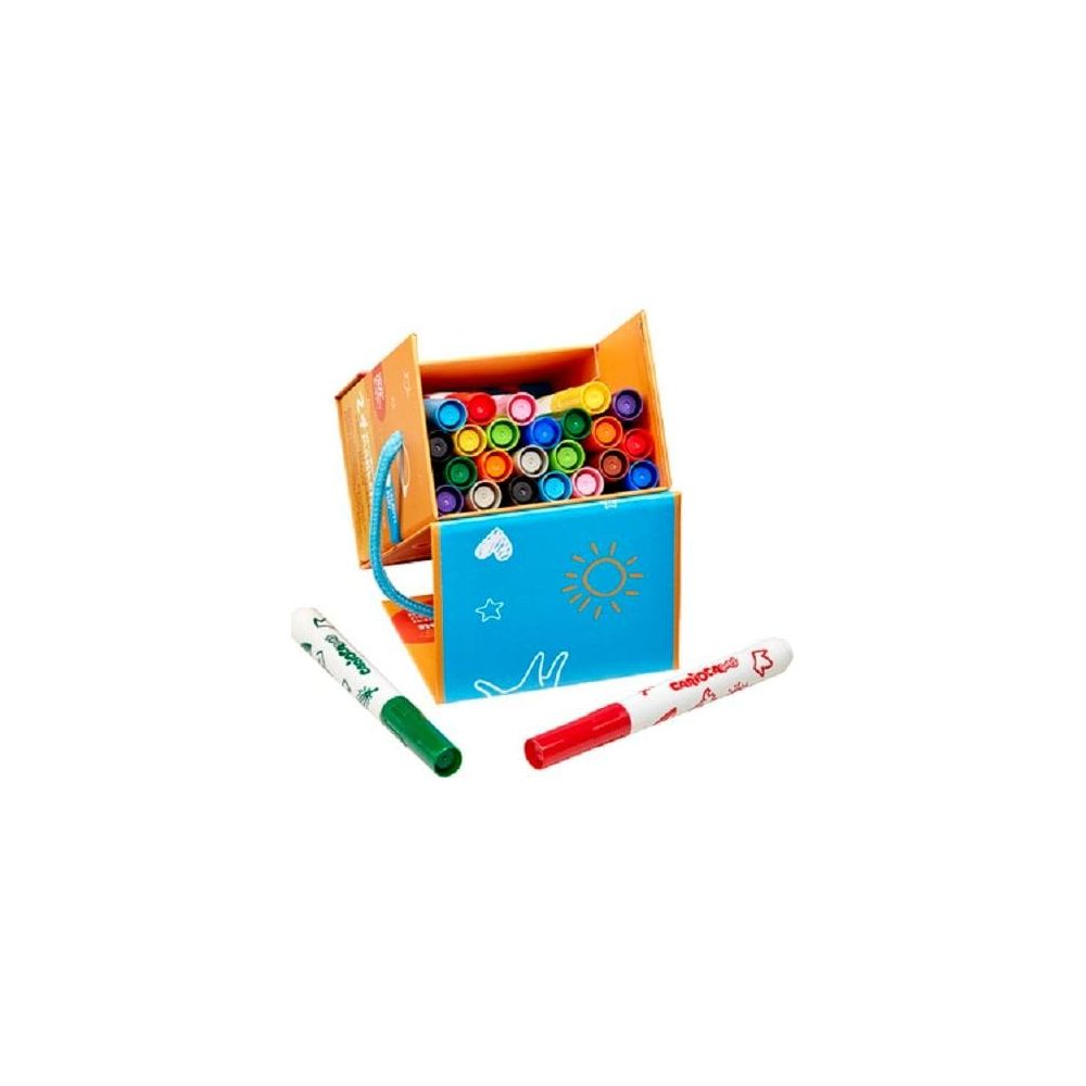 Eine offene Schachtel mit vielen bunten Stiften, daneben ein grüner und ein roter Stift.