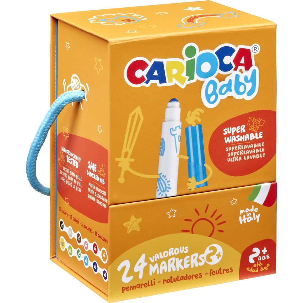 Orange Box mit CARIOCA Baby Markern, 24 Stück, "Super Washable" Aufdruck.