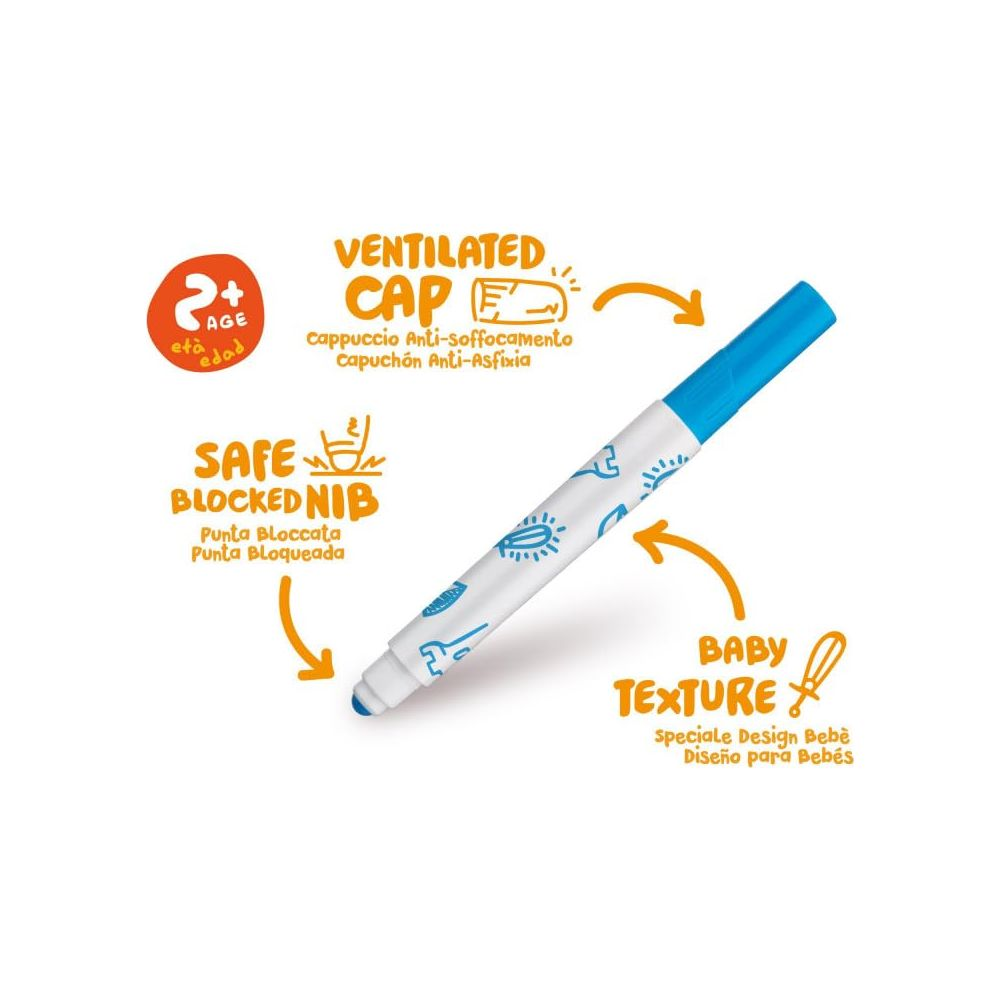 Ein blauer Stift mit Text und Symbolen. Zeigt Belüftung, sichere Spitze, Babytextur.