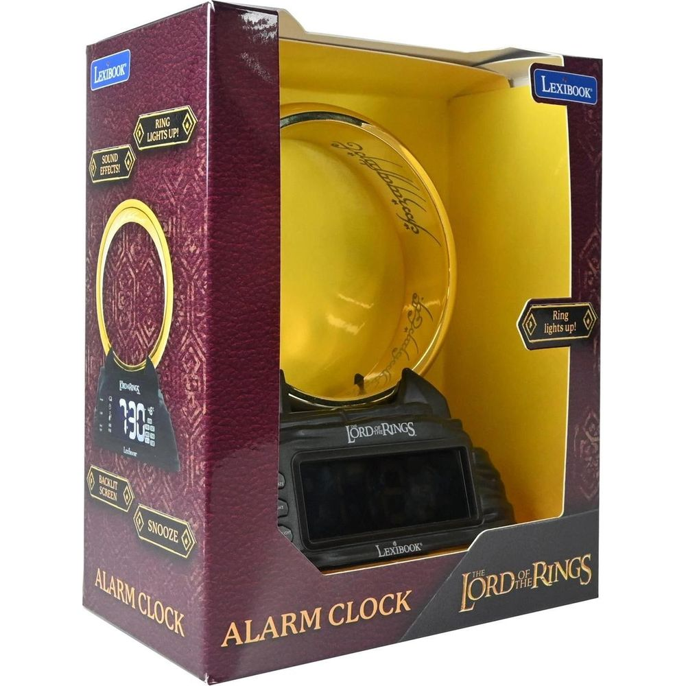 Ein Wecker im Herr der Ringe Design mit einem goldenen Ring, der leuchtet.