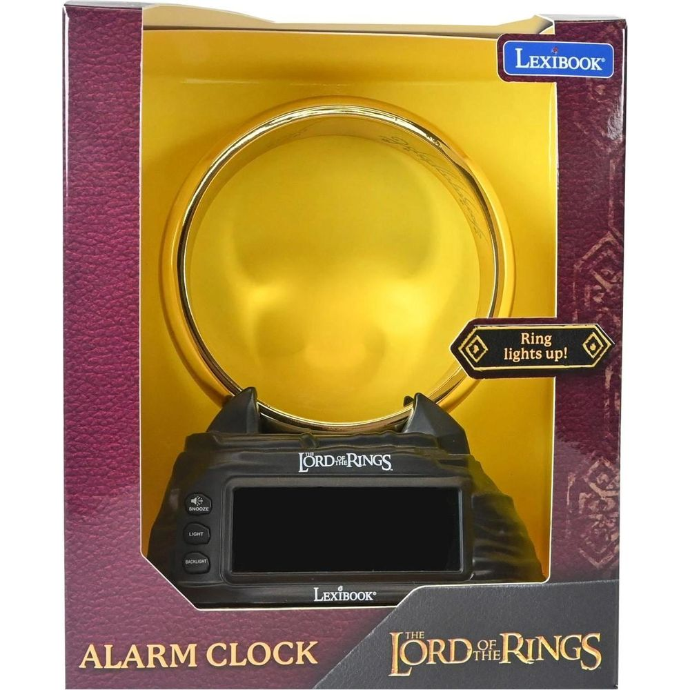 Ein Lexibook Wecker mit dem "Herr der Ringe"-Design und einem goldenen Ring.