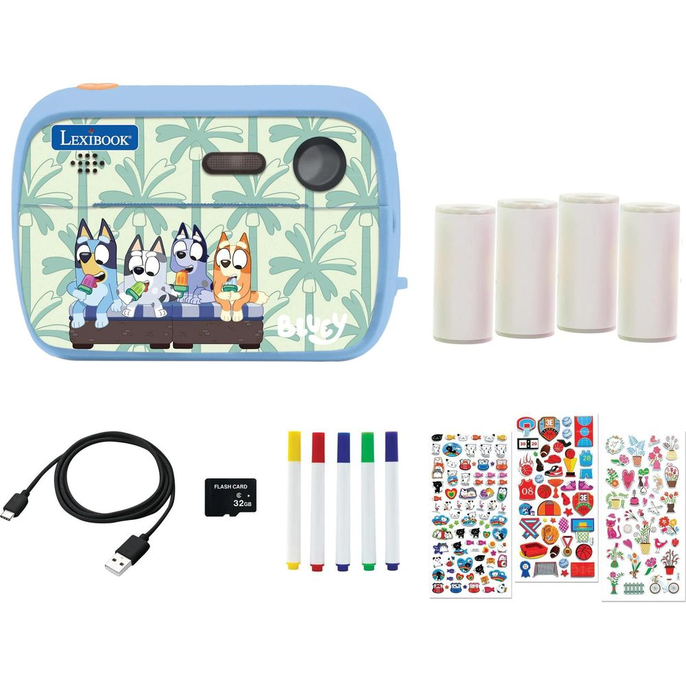 Ein blaues Lexibook-Kinderspielzeug mit den Charakteren von Bluey, 4 Ersatzrollen, Kabel, SD-Karte, Markern und Stickern.