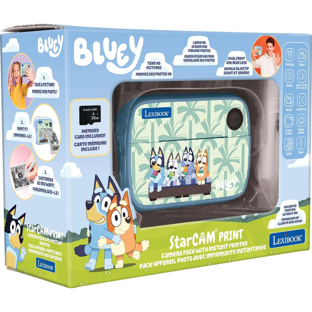Bluey-Kameraset mit Sofortdrucker, zeigt Schritte zum Fotografieren, Drucken und Anpassen.